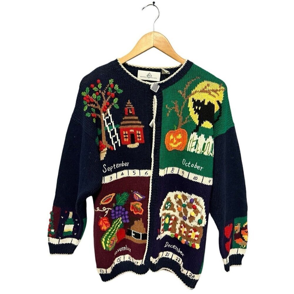 Design Options Seasons Calendar Cardigan L Black Embroidered Sweater
